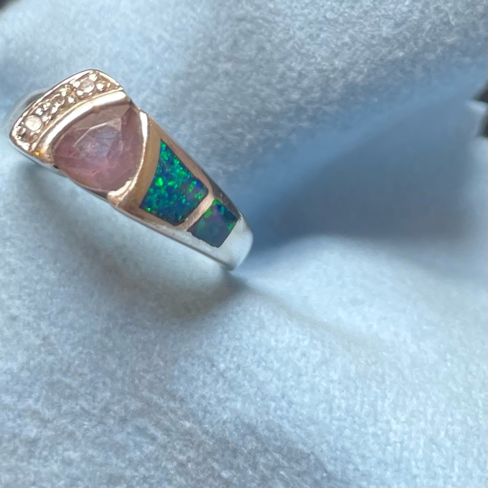 Elegant Silver Ring with Pink and Green Accents